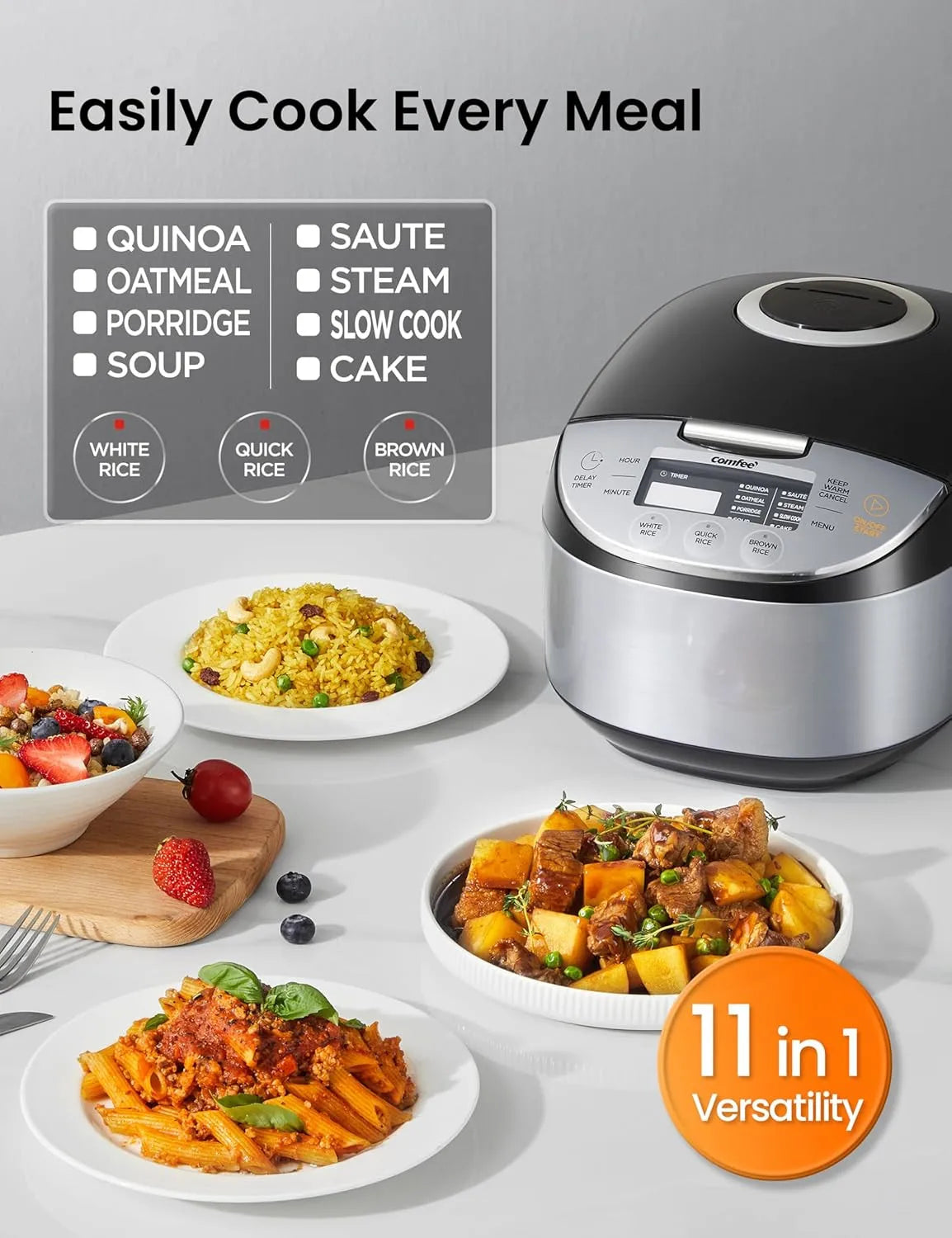Portable 12-Cup Fuzzy Logic Rice Cooker with 11 Presets & Steamer, Black