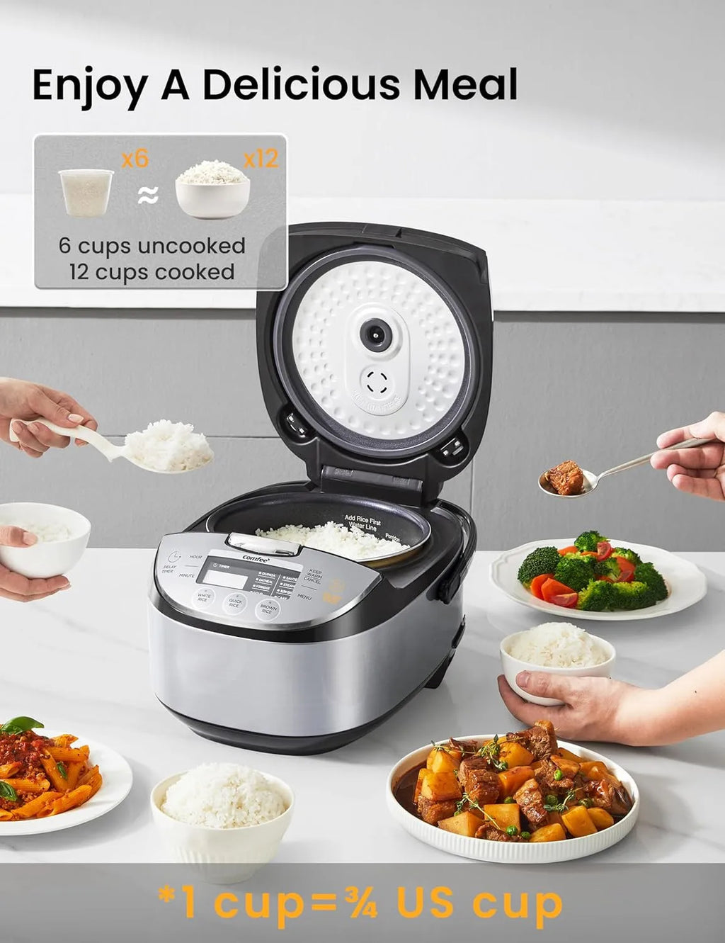 Portable 12-Cup Fuzzy Logic Rice Cooker with 11 Presets & Steamer, Black