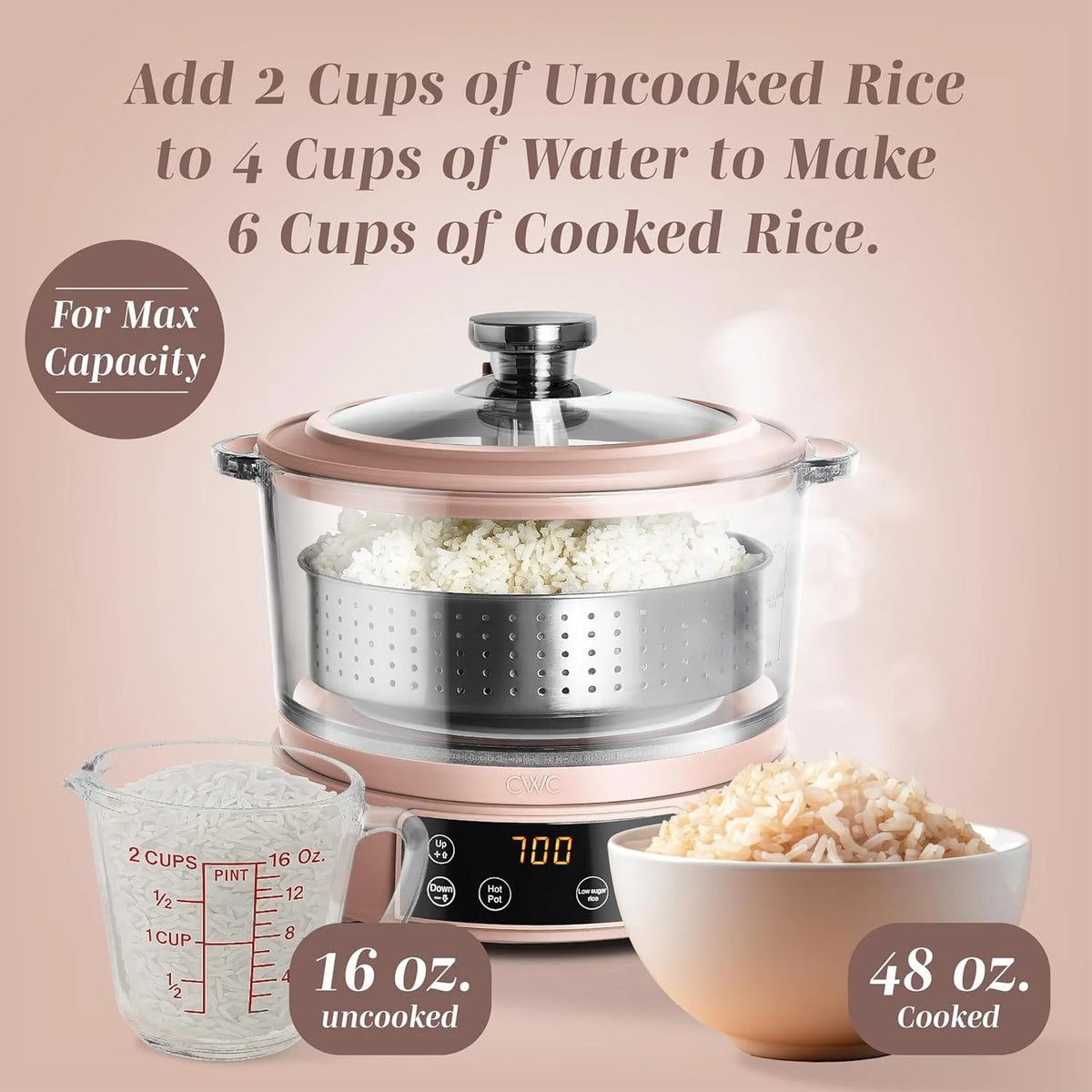 COOK WITH COLOR 3L Glass Low Carb Rice Cooker-Makes 6 Cups Cooked Low Sugar Rice with Auto Lift Filter Basket Hotpot Steamer